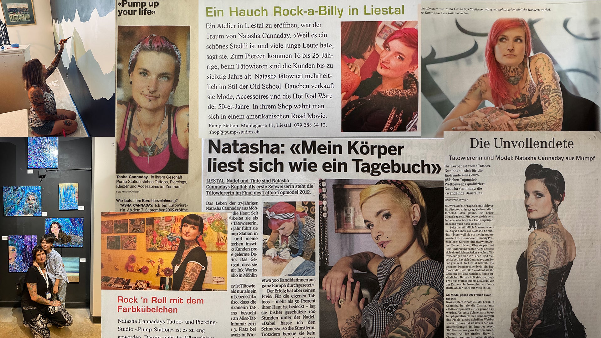 Collage of newspaper clippings featuring artist Tasha Cannaday.